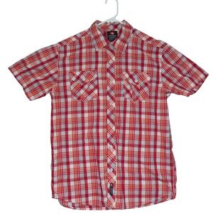 Southpole Mens Plaid Short Sleeve Button Down Y2K Shirt Red Orange White Large